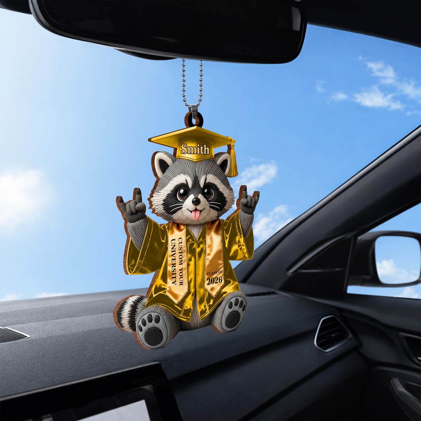 Class of Graduate Raccoon With Custom Name And University Sash - Personalized Custom Wood Ornament, Car Hanging Ornament - GRAD512_WCA