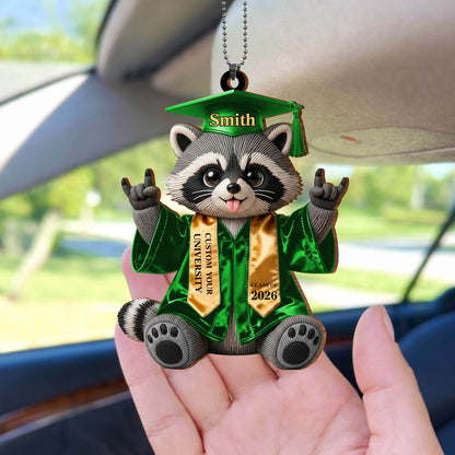 Class of Graduate Raccoon With Custom Name And University Sash - Personalized Custom Wood Ornament, Car Hanging Ornament - GRAD512_WCA