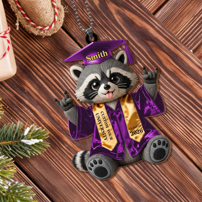 Class of Graduate Raccoon With Custom Name And University Sash - Personalized Custom Wood Ornament, Car Hanging Ornament - GRAD512_WCA