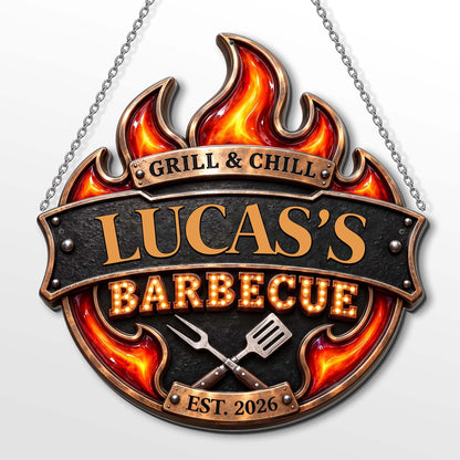 Grill & Chill Barbecue Flame With Spatula And Fork - Personalized Custom Shaped Metal Sign - GRILL019_CUMES