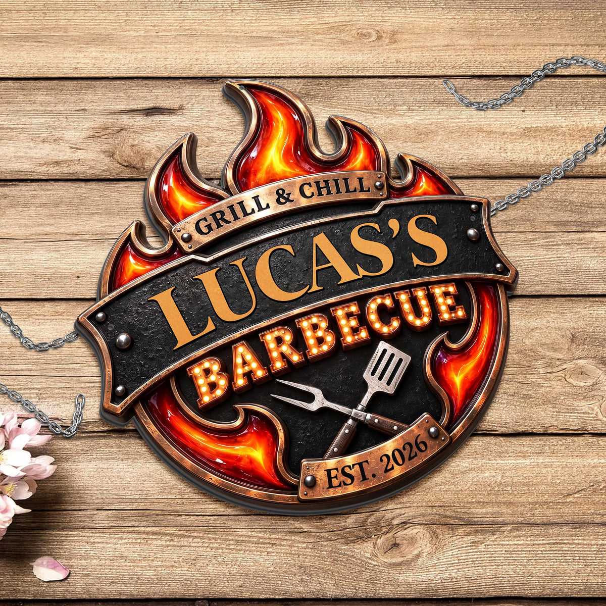 Grill & Chill Barbecue Flame With Spatula And Fork - Personalized Custom Shaped Metal Sign - GRILL019_CUMES