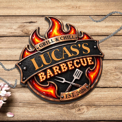 Grill & Chill Barbecue Flame With Spatula And Fork - Personalized Custom Shaped Metal Sign - GRILL019_CUMES