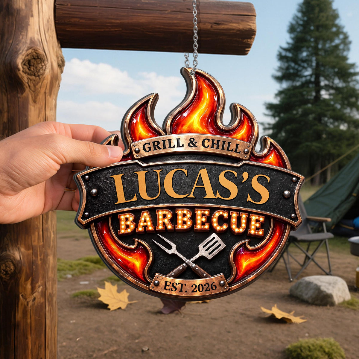Grill & Chill Barbecue Flame With Spatula And Fork - Personalized Custom Shaped Metal Sign - GRILL019_CUMES