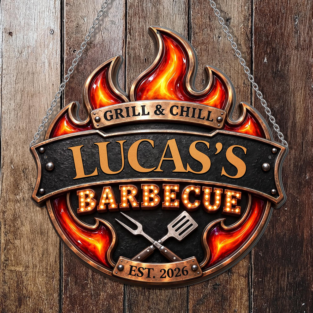 Grill & Chill Barbecue Flame With Spatula And Fork - Personalized Custom Shaped Metal Sign - GRILL019_CUMES