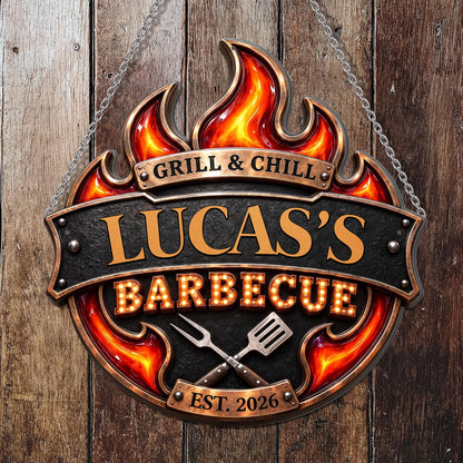 Grill & Chill Barbecue Flame With Spatula And Fork - Personalized Custom Shaped Metal Sign - GRILL019_CUMES