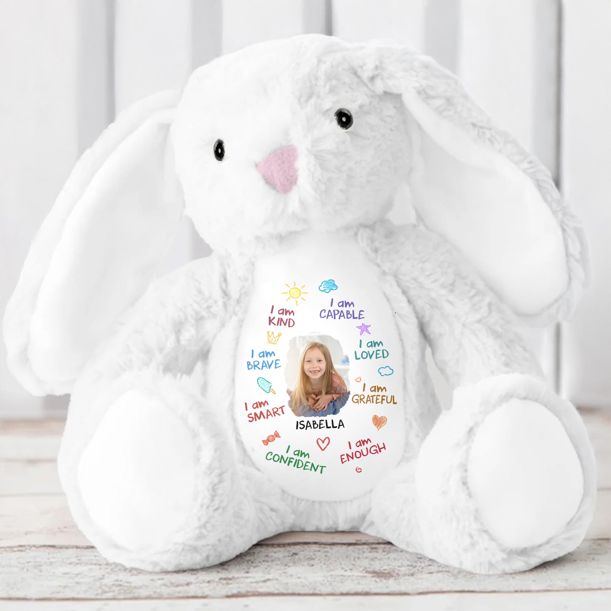 I Am Kind, Capable, Loved, Smart, Confident, Grateful, Enough, Stuffed Bunny