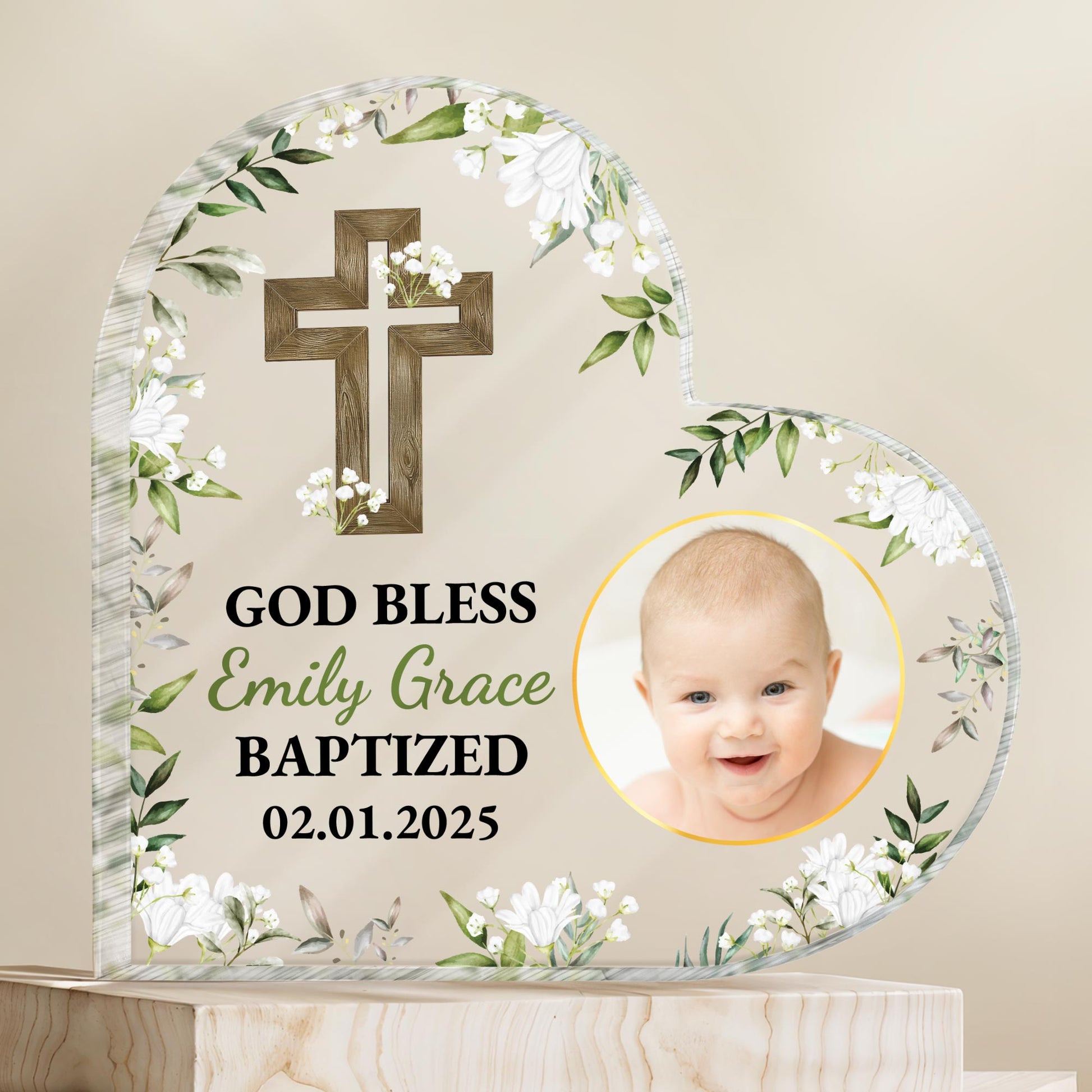 God Bless Emily Grace Baptized, Cross, Baby and Flowers