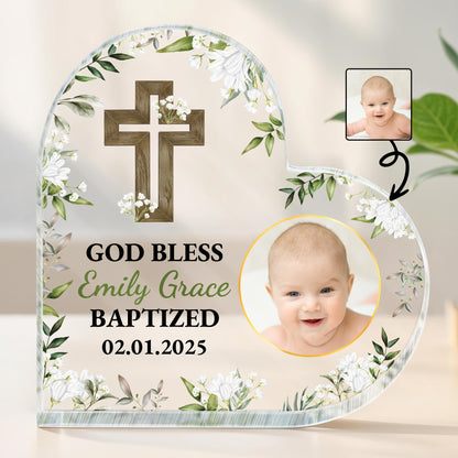 God Bless Emily Grace Baptized, Cross, Baby and Flowers