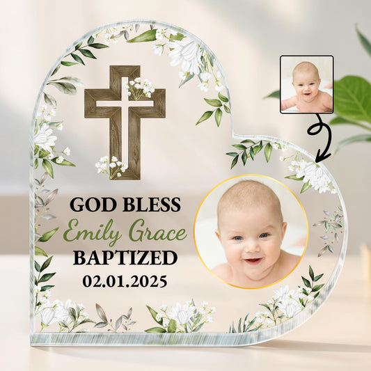 God Bless Emily Grace Baptized, Cross, Baby and Flowers