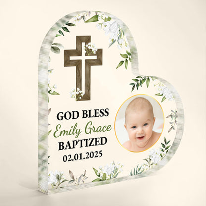 God Bless Emily Grace Baptized, Cross, Baby and Flowers