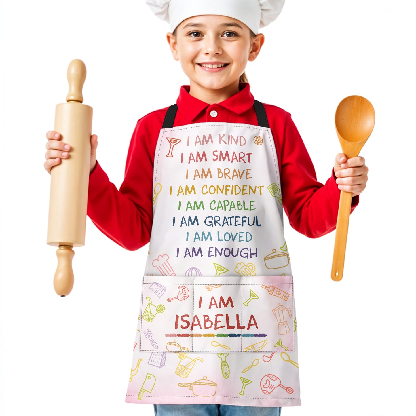 I Am Kind, I Am Smart, I Am Brave, Personalized Apron With Kitchen Utensils