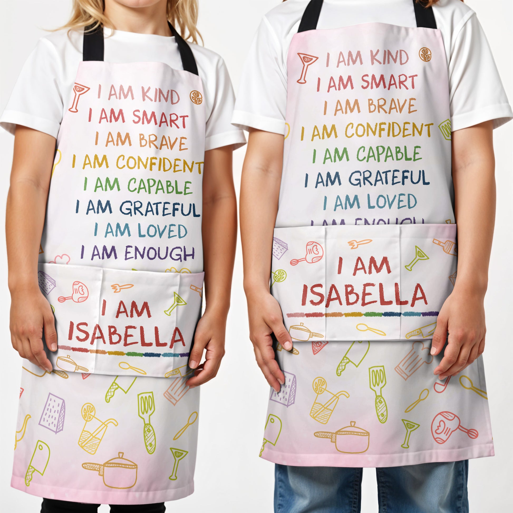 I Am Kind, I Am Smart, I Am Brave, Personalized Apron With Kitchen Utensils