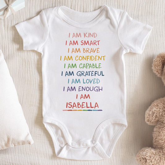 I Am Kind, I Am Smart, I Am Brave, Colorful Text Baby Onesie