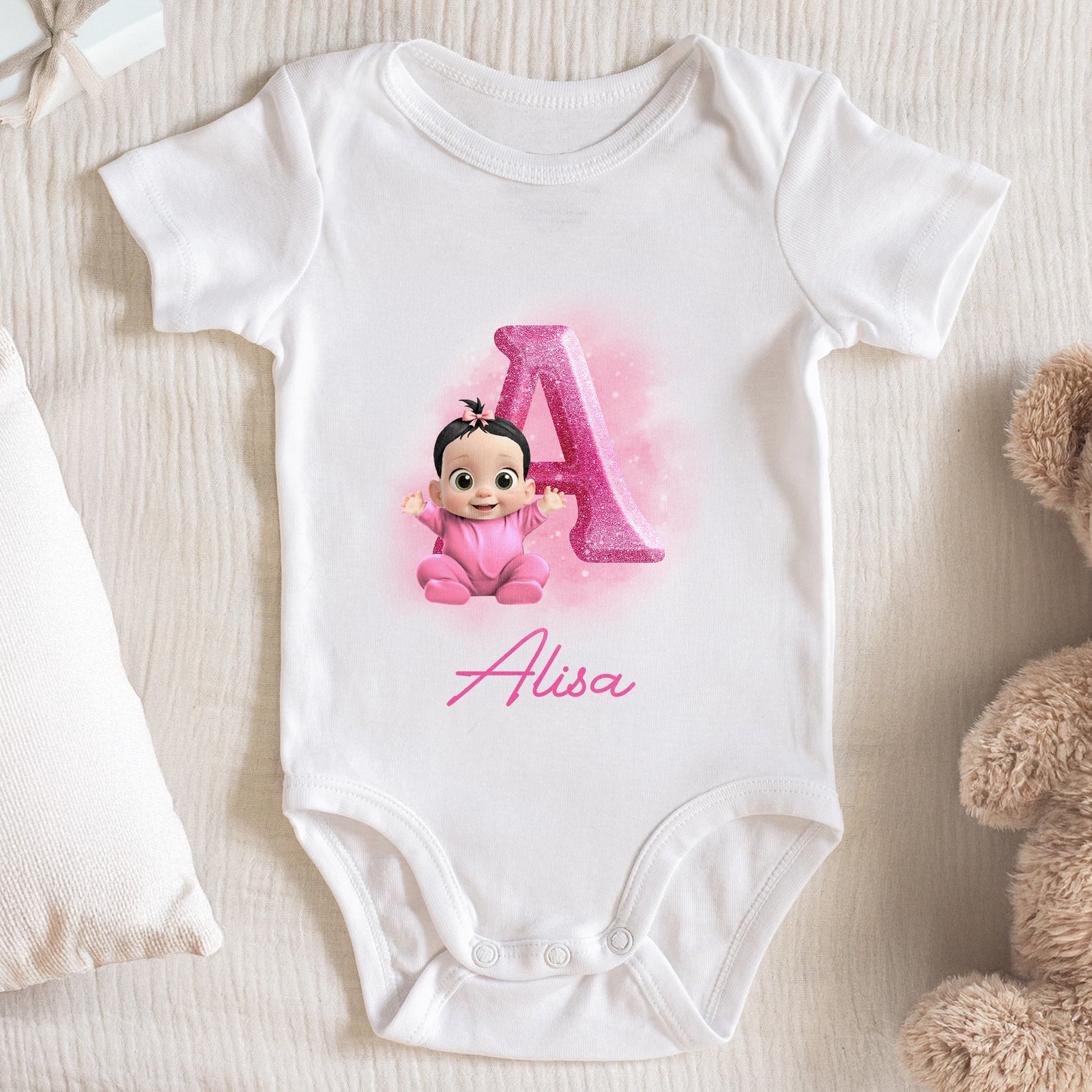 Cute Baby Girl Onesie With Animated Character and Initial