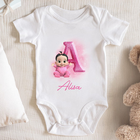 Cute Baby Girl Onesie With Animated Character and Initial