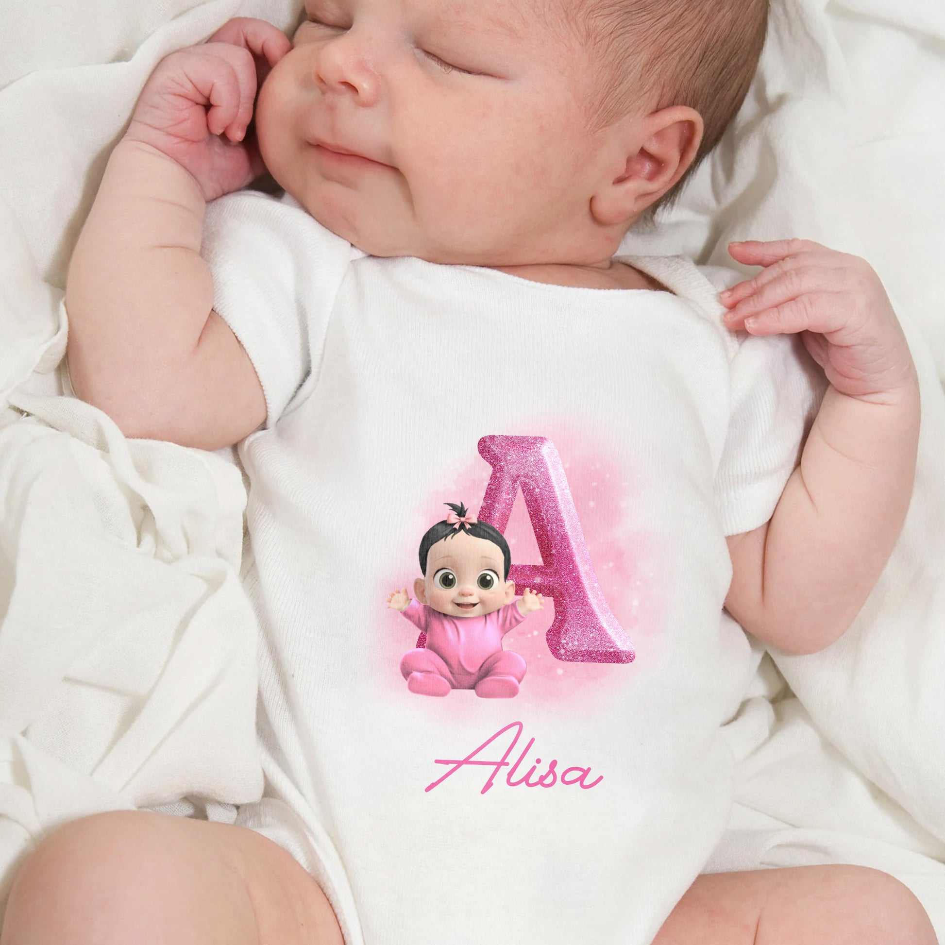 Cute Baby Girl Onesie With Animated Character and Initial