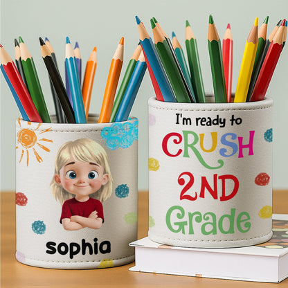 Colorful Handprints And Cute Cartoon Character - Personalized Pen Holder - GRK050_PENH