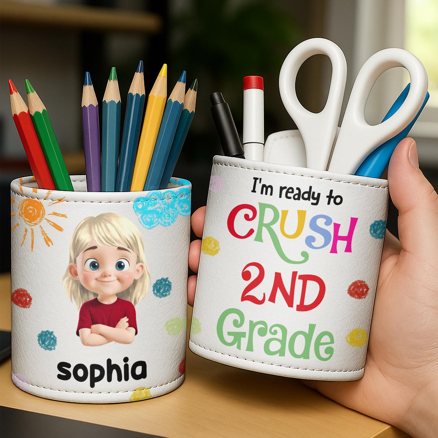 Colorful Handprints And Cute Cartoon Character - Personalized Pen Holder - GRK050_PENH