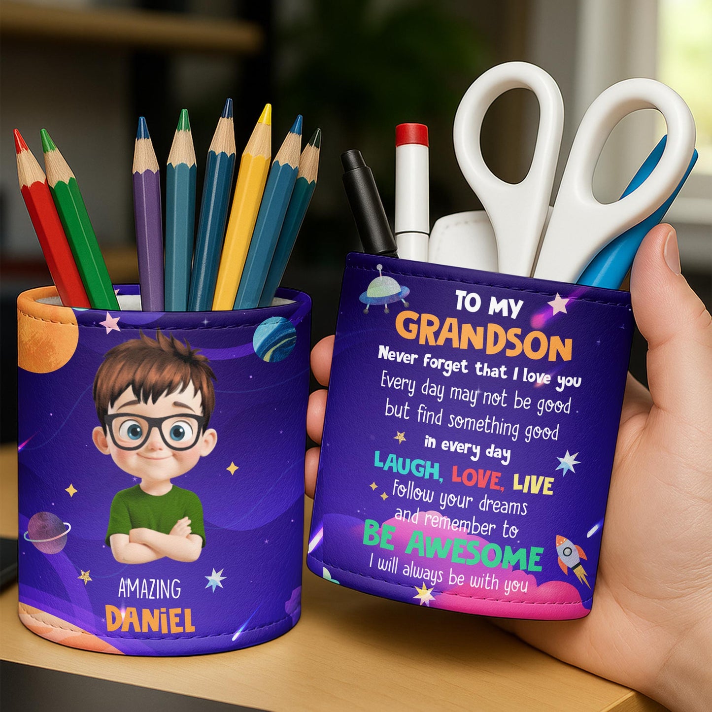 Amazing {Name} With Cartoon Character, Stars And Planets - Personalized Pen Holder - GRK054_PENH