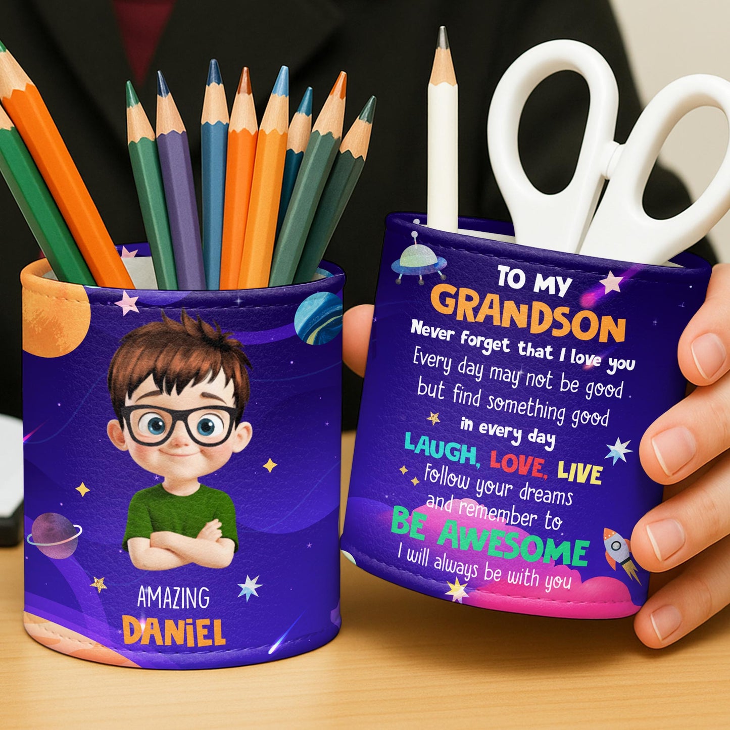 Amazing {Name} With Cartoon Character, Stars And Planets - Personalized Pen Holder - GRK054_PENH