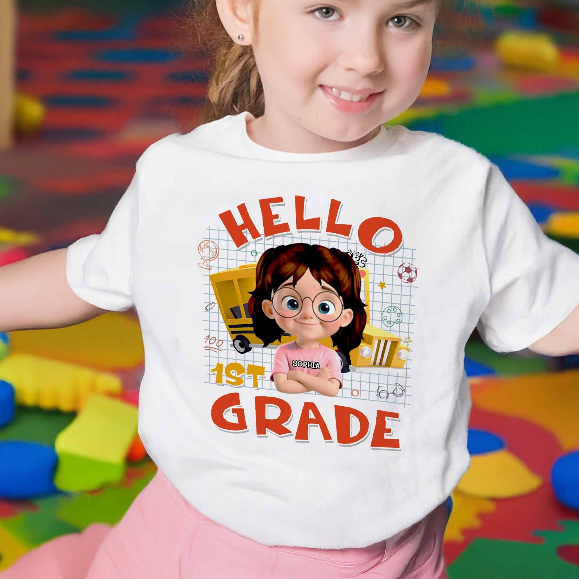 Hello 1st Grade, School Supplies, Cartoon Girl