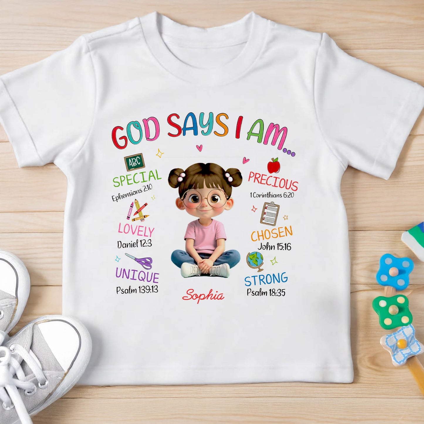 God Says I Am Special, Precious, Lovely, Unique, Chosen, Strong, Girl And School Elements
