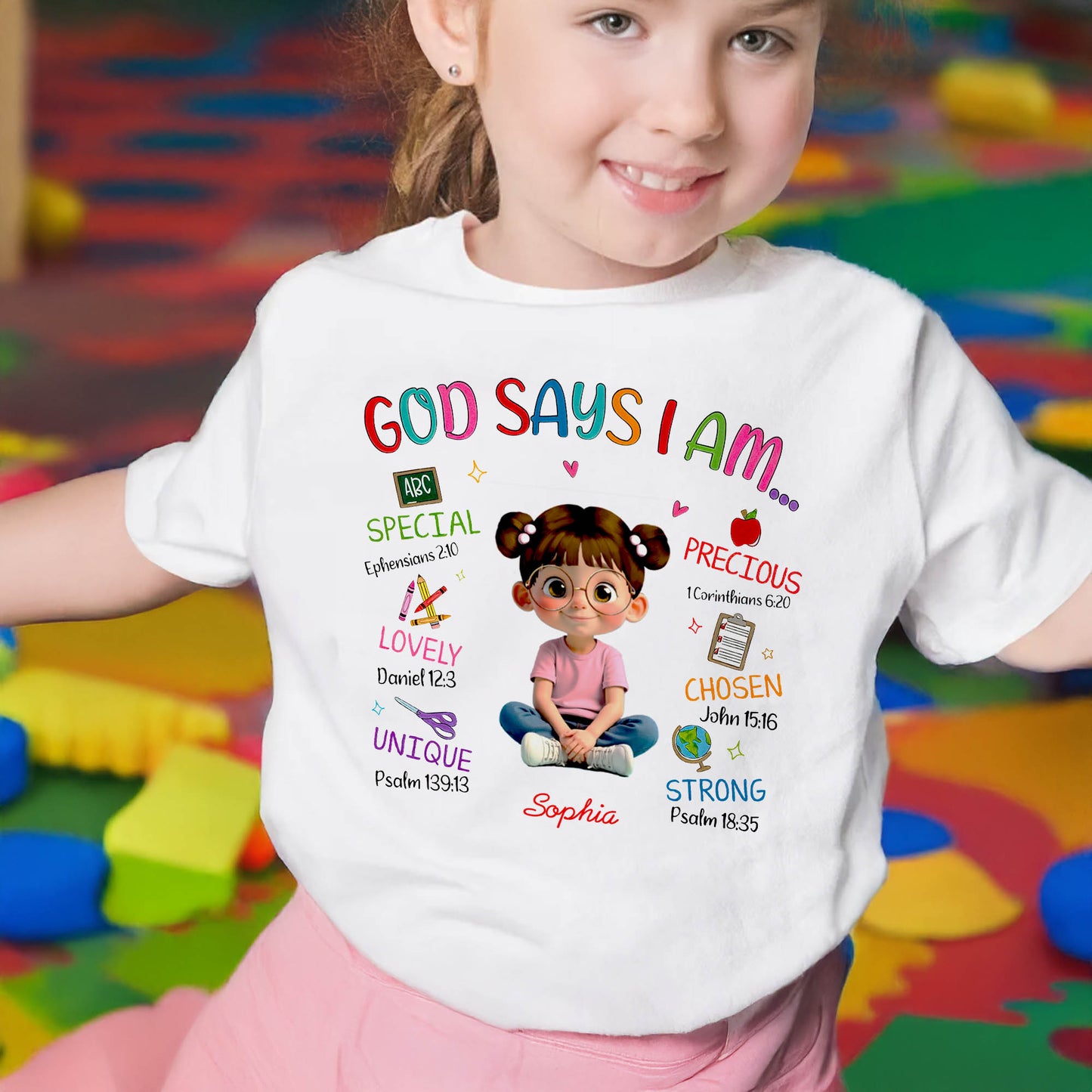 God Says I Am Special, Precious, Lovely, Unique, Chosen, Strong, Girl And School Elements