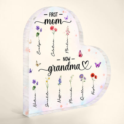 First Mom To Nom Grandma With Flowers And Butterflies Design - Personalized Heart Shaped Acrylic Plaque - GRM019_HAP