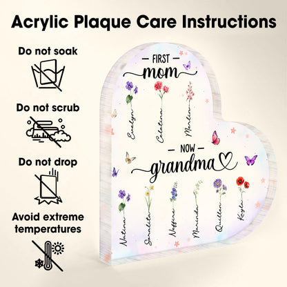First Mom To Nom Grandma With Flowers And Butterflies Design - Personalized Heart Shaped Acrylic Plaque - GRM019_HAP