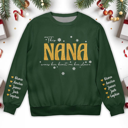 Golden Nana Wears Her Heart On Her Sleeve With Snowflakes - Personalized Custom Ugly Sweatshirt, Unisex Wool Jumper  - GRM025_TWS