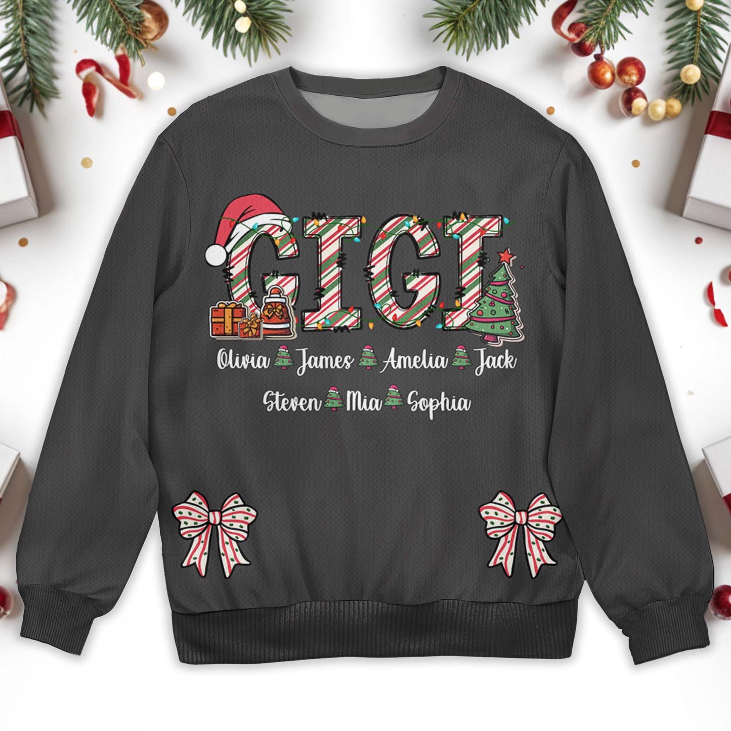 Festive Family Christmas Tree and Gifts Design - Personalized Custom Ugly Sweatshirt, Unisex Wool Jumper  - GRM030_TWS