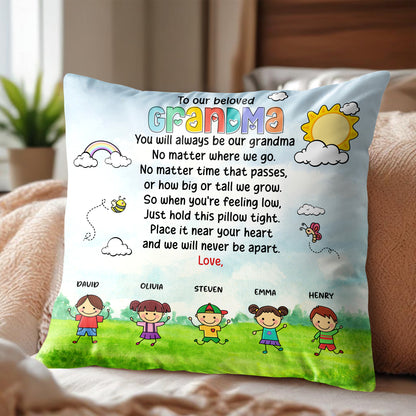 Beloved Grandma Custom Pillow With Children and Rainbow Design