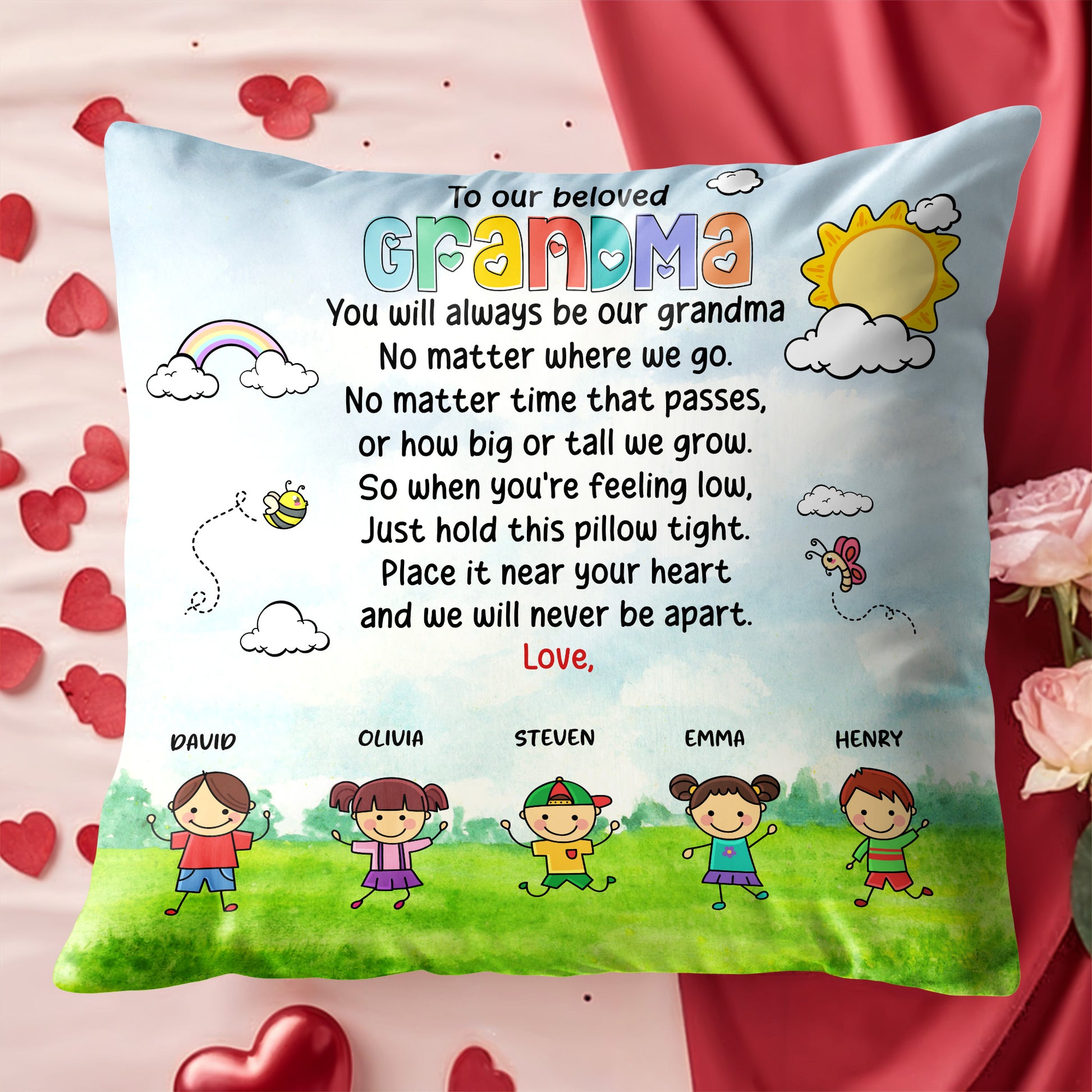 Beloved Grandma Custom Pillow With Children and Rainbow Design