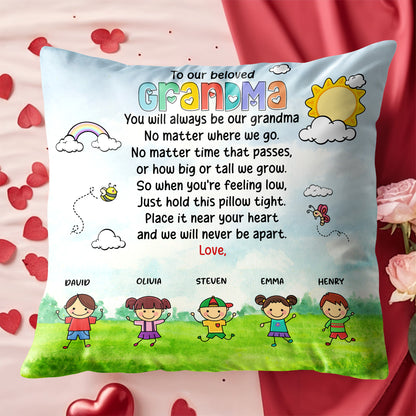 Beloved Grandma Custom Pillow With Children and Rainbow Design