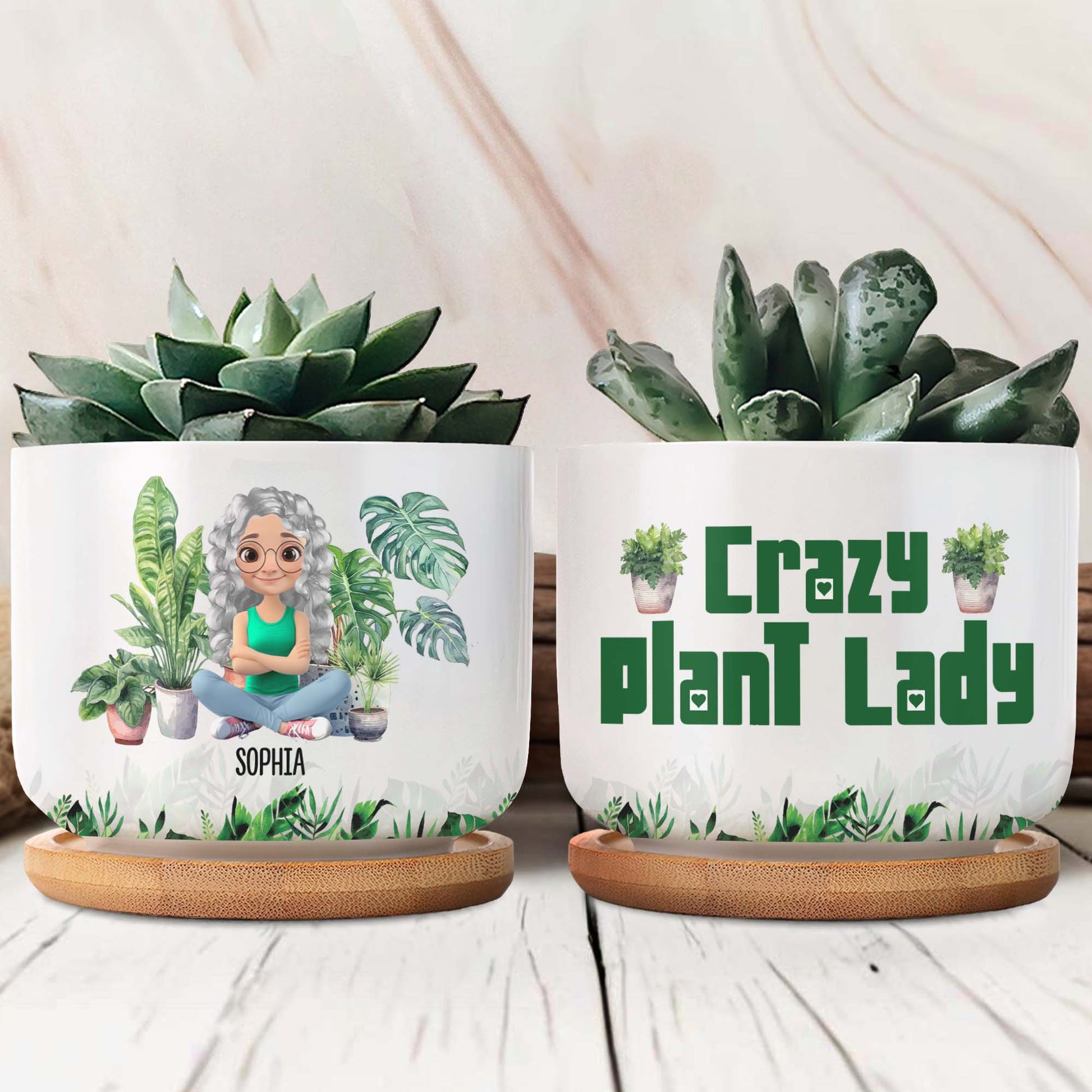 Personalized Ceramic Plant Pot Featuring Plants And A Customizable Figure