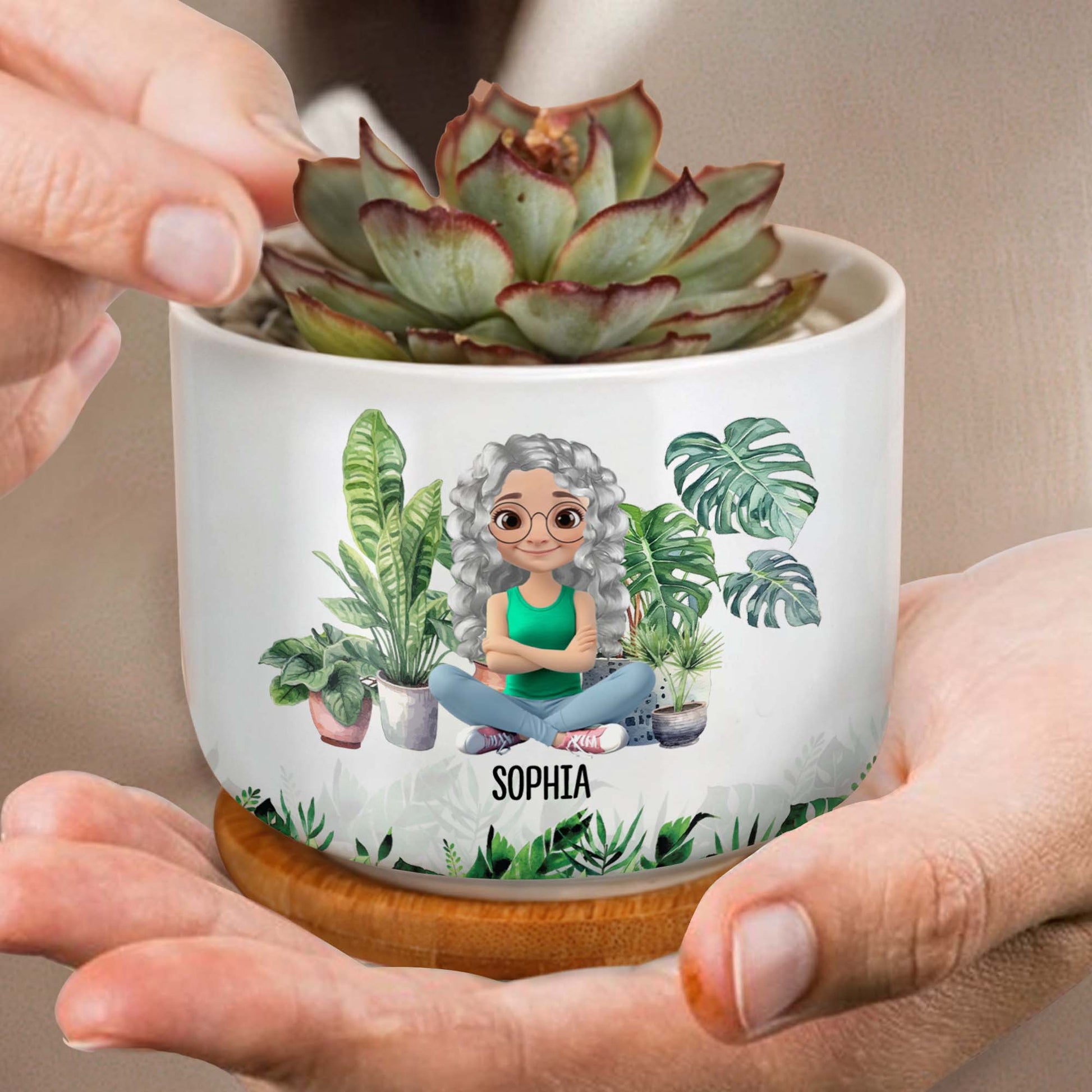 Personalized Ceramic Plant Pot Featuring Plants And A Customizable Figure