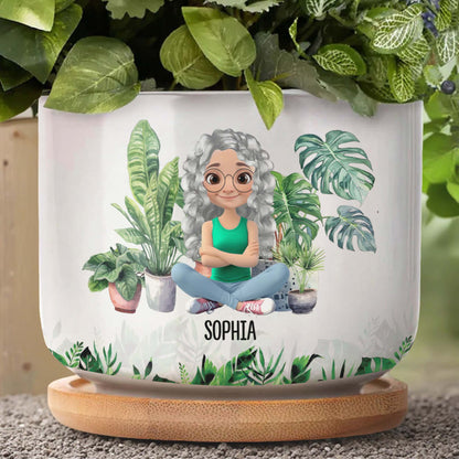 Personalized Ceramic Plant Pot Featuring Plants And A Customizable Figure