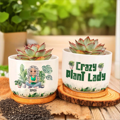 Personalized Ceramic Plant Pot Featuring Plants And A Customizable Figure