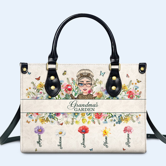 Grandma's Garden With Flowers And Butterflies - Personalized Custom Leather Handbag - GRM059_HB