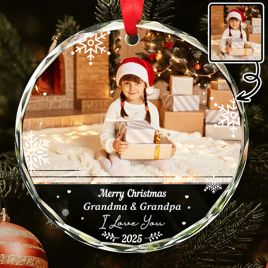 Merry Christmas Grandma & Grandpa With Snowflakes And Children - Personalized Custom Circle Glass Ornament - GRM100_CGOR