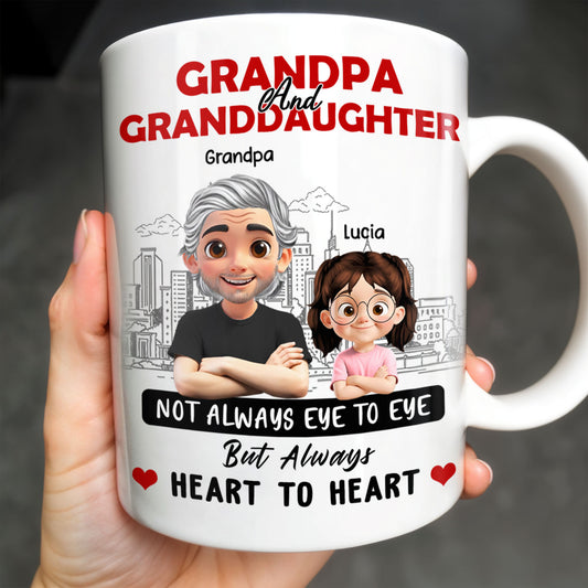 Grandpa And Granddaughter, Not Always Eye To Eye But Always Heart To Heart, Cartoon Characters and City Skyline