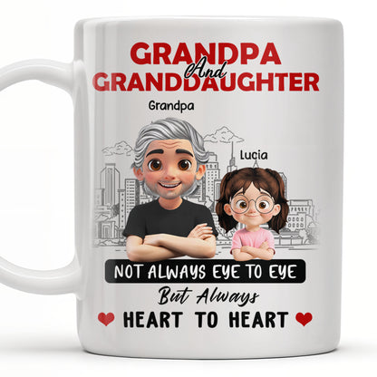 Grandpa And Granddaughter, Not Always Eye To Eye But Always Heart To Heart, Cartoon Characters and City Skyline