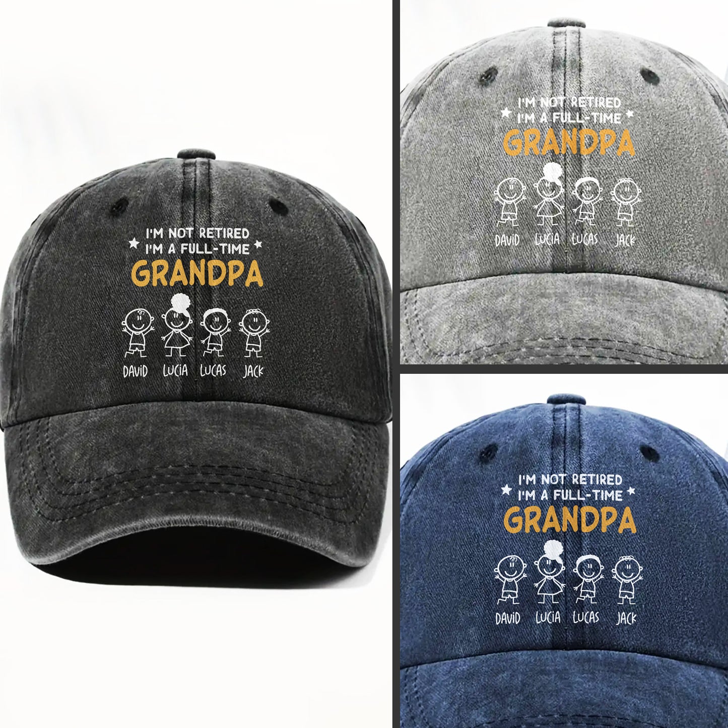 I'm Not Retired I'm A Full-Time Grandpa, Stick Figures - Personalized Custom Washed Denim Cap - GRP049_WDCAP