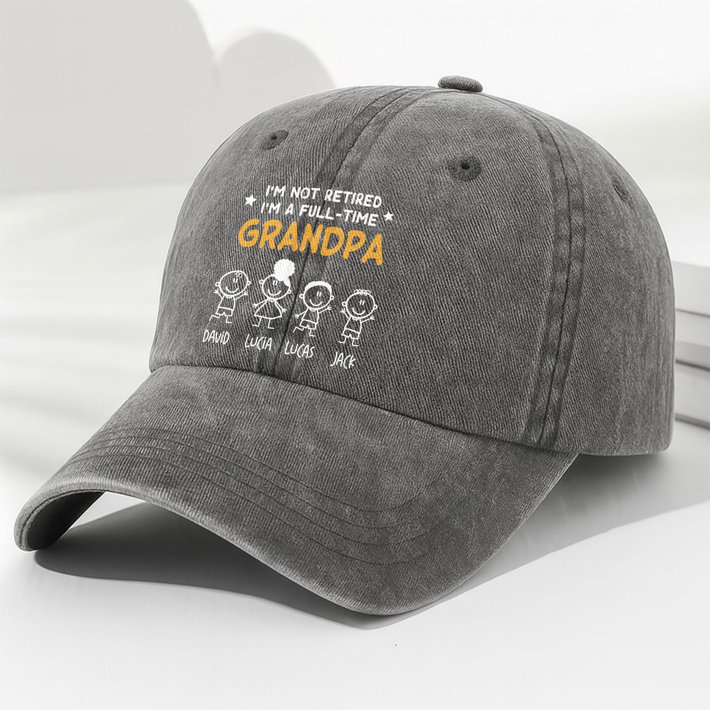 I'm Not Retired I'm A Full-Time Grandpa, Stick Figures - Personalized Custom Washed Denim Cap - GRP049_WDCAP