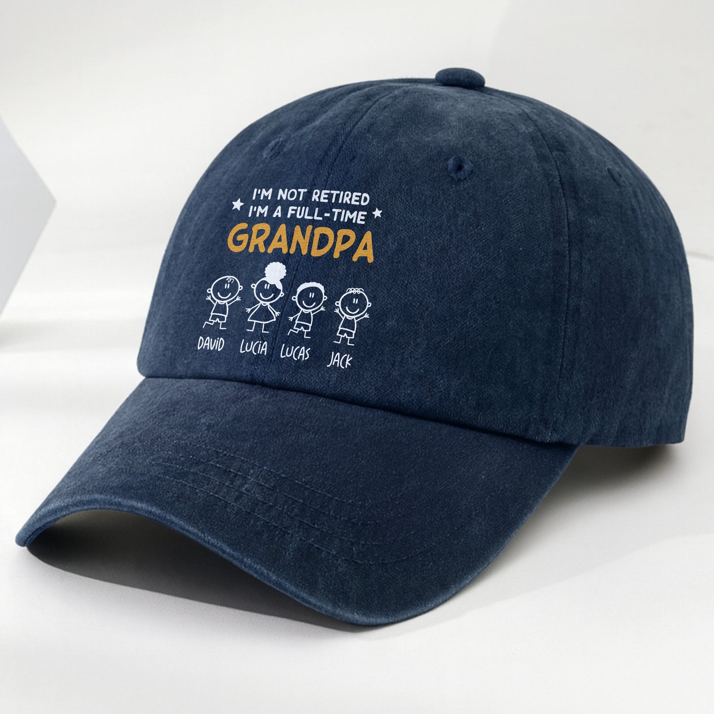 I'm Not Retired I'm A Full-Time Grandpa, Stick Figures - Personalized Custom Washed Denim Cap - GRP049_WDCAP