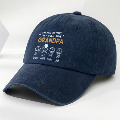 I'm Not Retired I'm A Full-Time Grandpa, Stick Figures - Personalized Custom Washed Denim Cap - GRP049_WDCAP