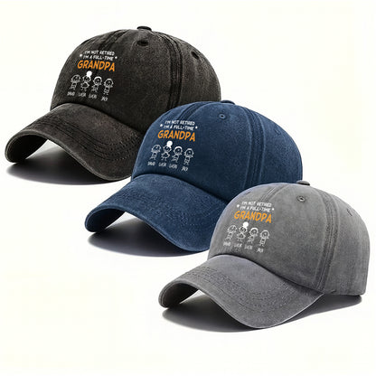 I'm Not Retired I'm A Full-Time Grandpa, Stick Figures - Personalized Custom Washed Denim Cap - GRP049_WDCAP