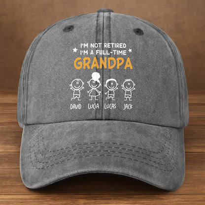 I'm Not Retired I'm A Full-Time Grandpa, Stick Figures - Personalized Custom Washed Denim Cap - GRP049_WDCAP