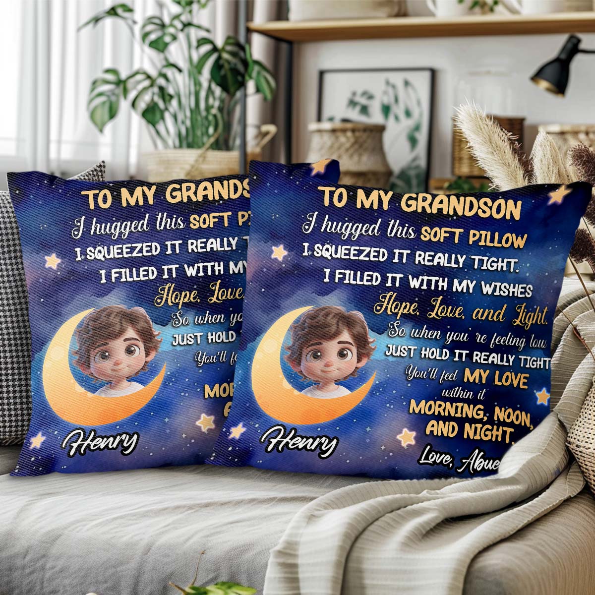 To My Grandson Love Hopes Wishes Moon And Stars Pillow