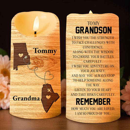 Grandson, Strength And Wisdom Inspirational Quote With State Outline And Heart - Personalized Custom LED Candle - GSN009_LECA